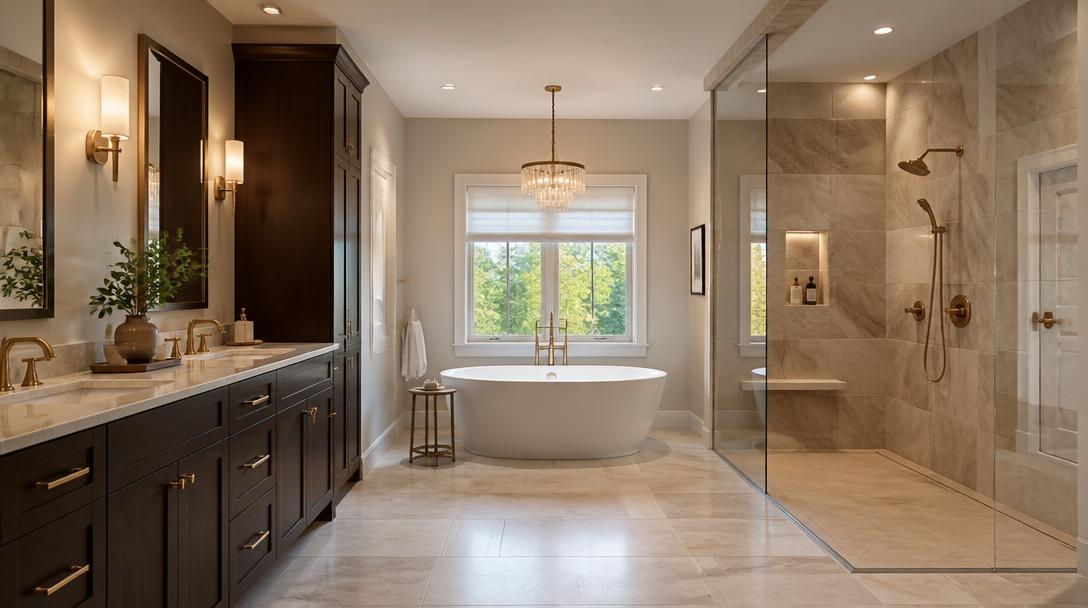 Primary bathroom transformation with freestanding tub and curbless shower