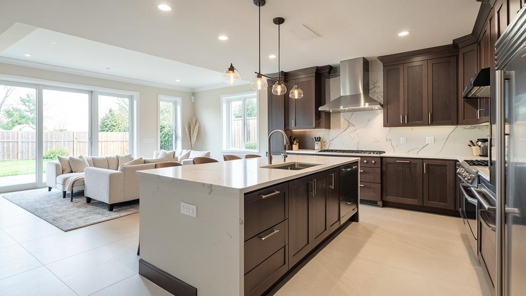 Kitchen opened to the living space with an island sink and custom cabinetry
